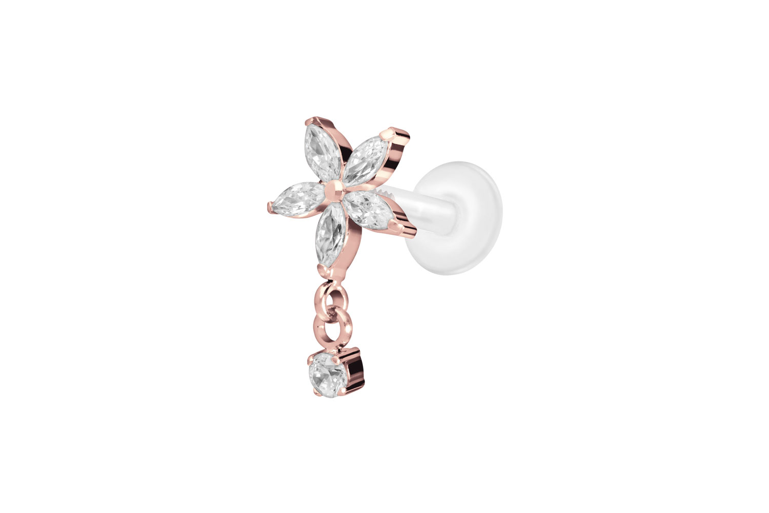 PTFE Labret Piercing mit Innengewinde + Titan-Aufsatz KRISTALLBLUME + KRISTALL